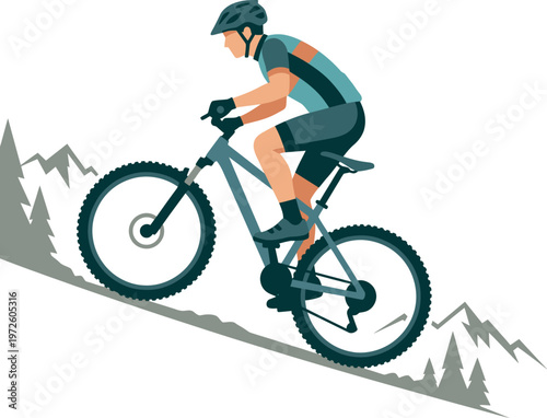 Dynamic flat vector of a mountain biker climbing a steep trail. Ideal for outdoor adventure branding, cycling club logos, mountain resort graphics, and fitness apparel designs. Clean and professional.