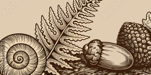 Detailed engraving of ferns acorns and a nautilus shell