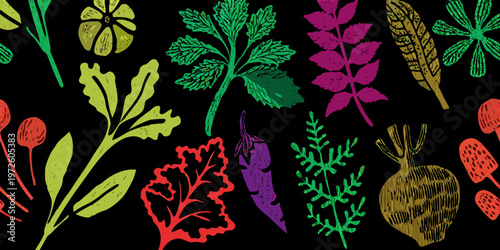 Colorful botanical illustration featuring various herbs flowers and vegetable elements