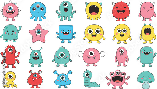 Vector illustration of colorful cartoon monsters with unique shapes, facial expressions, wings, antennae and tentacles