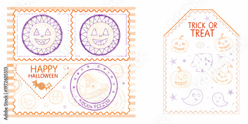 Hand drawn halloween stamps and tag with spooky seasonal designs