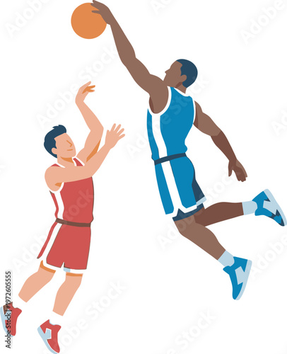Flat vector of two basketball players in midair contesting a dunk, bold minimalist style with dynamic motion and clean shapes, perfect for sports branding, team graphics, and athletic design projects.