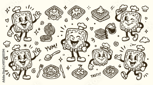 Vintage 1930s Cartoon Waffle Mascot and Breakfast Icon Collection in Retro Engraving Style, Mono-color Doodles on Cream