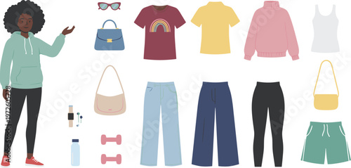 Vector illustration of fashion outfits and accessories including clothing, bags, sunglasses, smartwatch, dumbbells and earbuds