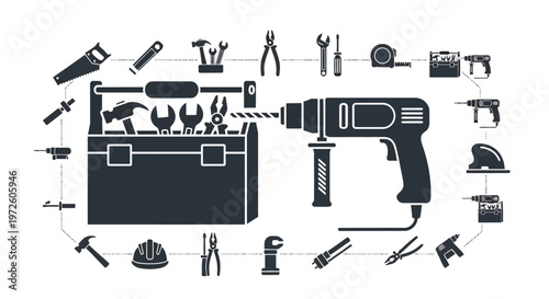 Drill and tools in toolbox kit.