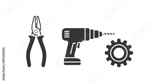 Drill and Pliers with Gear Icon.