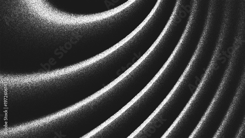 Grainy black and white background with concentric circular waves, glowing highlights and spiral ripples created from thousands of individual dots. Glares create an illusion of depth and optical motion