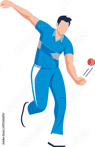 Dynamic flat vector of a cricket bowler in mid-action, releasing a red ball. Modern blue uniform design ideal for sports apps, tournament promotions, and athletic branding. High-quality cricket art.