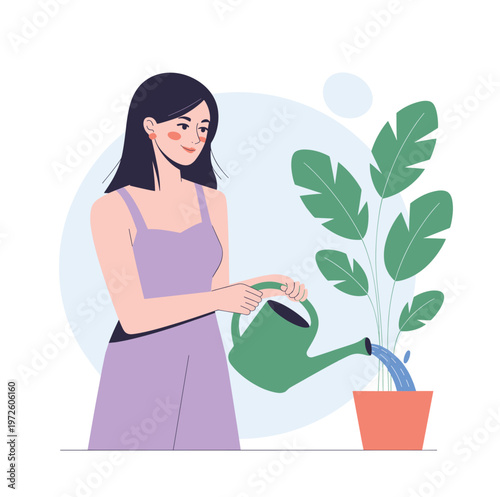 A woman in a dress waters a potted plant with a green watering can, depicted in a flat, illustrative style.