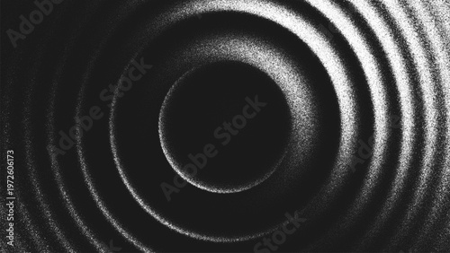 Concentric circles made of stippling dots forming ripple waves on dark background. Radial ripple pattern created from thousands of individual dots. glowing concentric circles in monochrome grain style