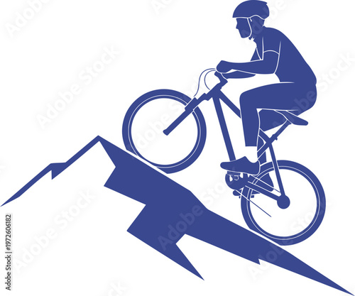 Flat vector of a mountain biker riding downhill, minimalist style with clean lines and dynamic motion, ideal for outdoor sports branding, adventure graphics, cycling content, and athletic design.