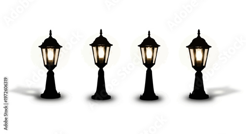 Four black outdoor lantern street lamps.