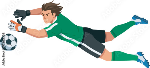 Action-packed flat vector of a soccer goalkeeper diving to make a spectacular save. Featuring a green jersey and gloves, this dynamic illustration is perfect for sports apps and football branding.