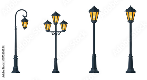 Four Different Street Lamp Posts Side By Side.
