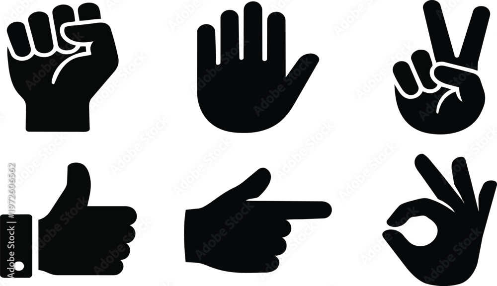 Fototapeta premium A set of six black hand gestures on transparent background