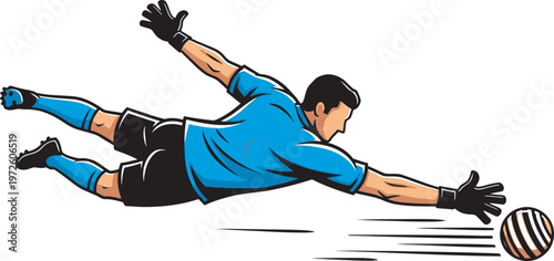 Powerful flat vector of a soccer goalkeeper diving low to block a shot. Ideal for sports posters, football coaching apps, and athletic equipment marketing. High-impact comic-style illustration.