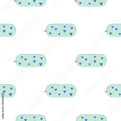 Seamless pattern of light blue pencil case with blue hearts and yellow dots
