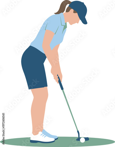 Flat vector illustration of a female golfer putting on the green, clean minimalist style with soft colors, perfect for sports design, golf themes, training visuals, branding, posters, and athletic.