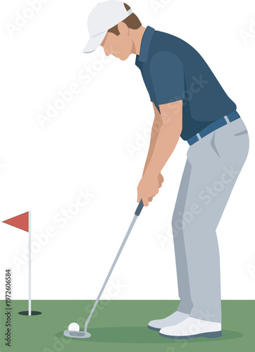 Flat vector illustration of a male golfer putting near the hole, clean minimalist design with soft tones, capturing focus and precision—ideal for golf themes, sports graphics, branding, and posters.