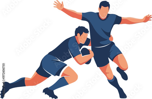 Action-oriented flat vector of a rugby player evading a tackle. This dynamic illustration is ideal for sports branding, tournament posters, and athletic media. High-quality, modern vector art.