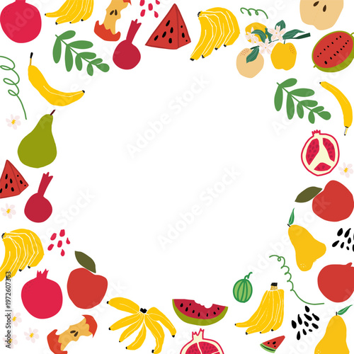 Fruits frame composition with colorful fruits arranged in circular border. Bright vector illustration ideal for invitations, packaging, posters, and seasonal designs.