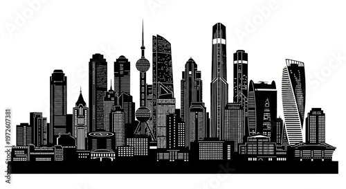 Black and white city skyline with skyscrapers and towers