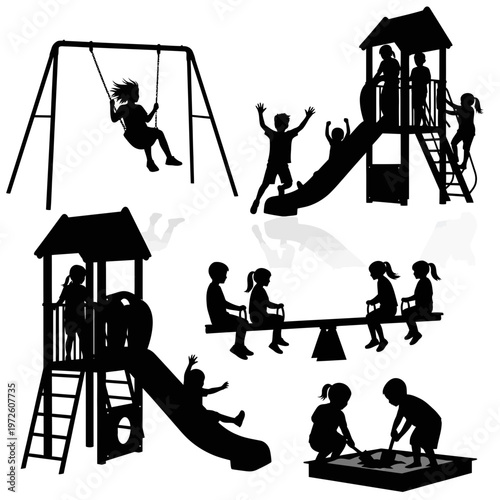 Silhouettes of children playing on various playground equipment
