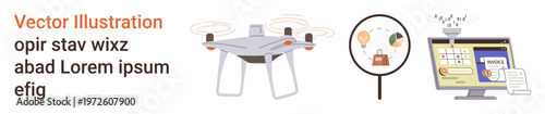 quadcopter operations, data analysis, cybersecurity, innovation, technology trends, and online safety. A Quadcopter, magnifying glass over icons and computer with a security interface. Drone