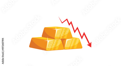 Three gleaming gold bullion bars are arranged in a small stack while a jagged red descending arrow tracks a negative trend in global commodity pricing.