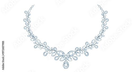 A sophisticated diamond necklace featuring delicate leaf-shaped gemstones and a prominent central teardrop pendant rests gracefully on a white background.