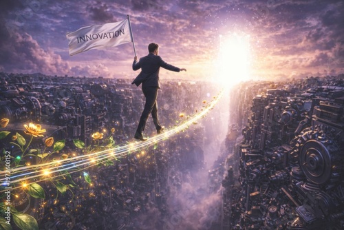 Businessman walking on a path of innovation in a futuristic cityscape with bright light