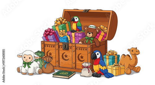 Wooden treasure chest filled with colorful gifts and plush toys isolated on white background