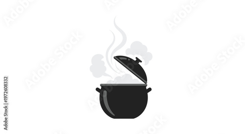 A professional black ceramic cooking pot stands with its lid slightly ajar to release gentle puffs of white steam against a pristine white background.