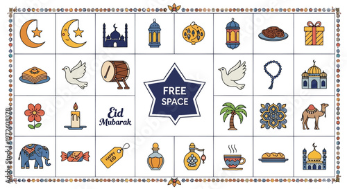 Fun bingo game board for Eid Mubarak celebration with festive icons isolated on white background