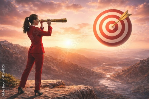 Businesswoman using telescope to aim at target in mountainous landscape for goal setting