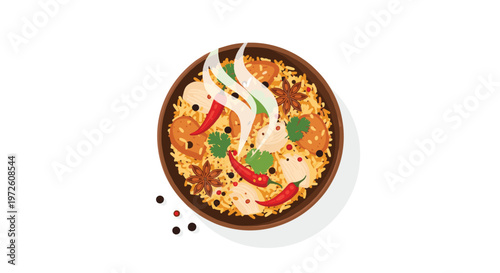 A vibrant top-down perspective of a traditional ceramic bowl overflowing with aromatic yellow rice, tender chicken, bright red chilies, and star anise.