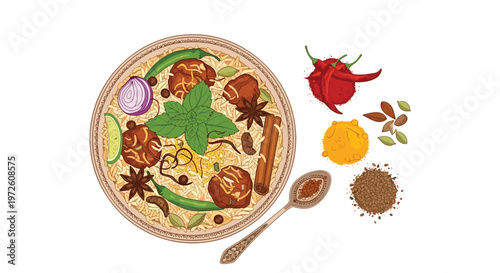 An exquisite illustration of a garnished biryani plate accompanied by colorful piles of turmeric, chili powder, cumin seeds, and aromatic cinnamon sticks.