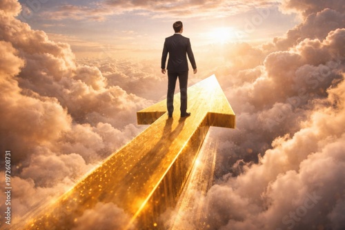 Businessman standing on golden arrow in clouds representing success and aspiration