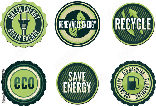 Eco-Friendly Green Energy and Recycling Retro Badges Vector Set