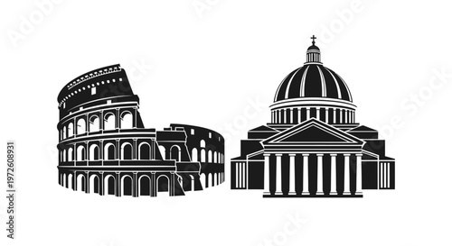 Black and white illustration Rome landmarks.