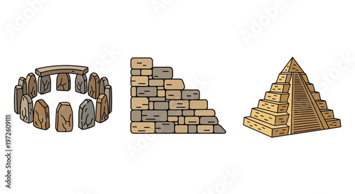 Ancient stone structures and pyramid.