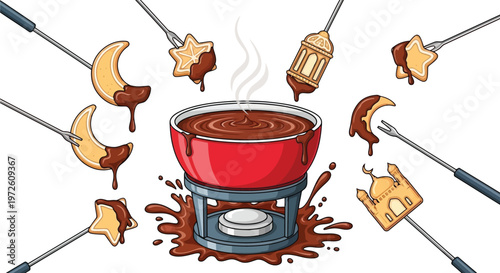 Chocolate fondue pot with festive Eid themed snacks on forks illustration isolated on white background