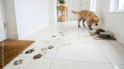 Realistic Muddy Dog Paw Prints Entering Clean Home Floor, National Dog Day Story Concep