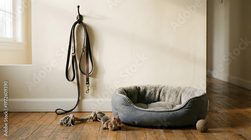 Emotional National Dog Day Scene with Empty Leash and Dog Bed, Realistic Pet Lifestyle Concept