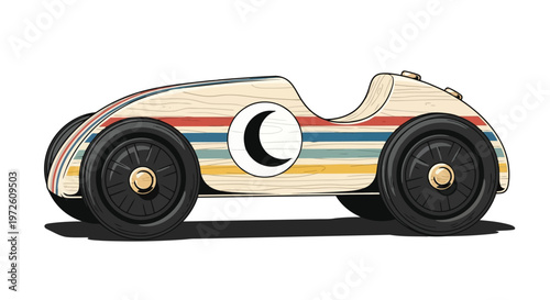 Vintage style wooden race car with colorful stripes and moon emblem isolated on white background