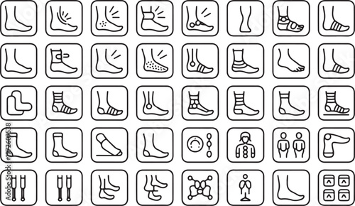 Foot Health and Orthopedic Care Linear Icon Set - Vector Symbols for Ankle Support, Foot Injuries, Bandages, Compression Socks, Crutches, and Podiatry Medical Treatment.
