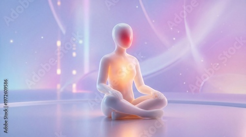 Envisioning a modern spiritual journey tranquil 3D figure meditating amidst ethereal light, symbolizing inner peace and digital well-being
