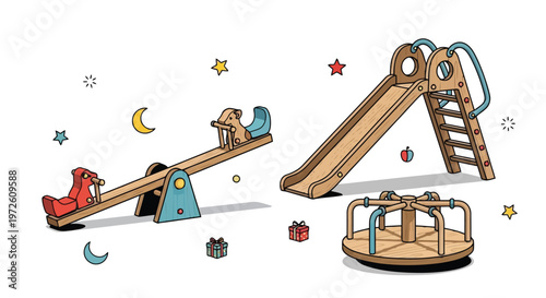 Wooden playground equipment set with slide seesaw and merry go round isolated on white background