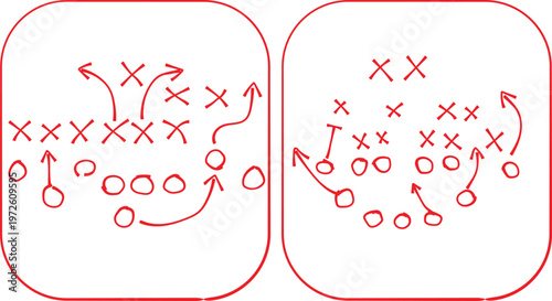 Detailed diagrams showing tactical american football offensive plays drawn in red ink on white backgrounds for professional coaching session planning