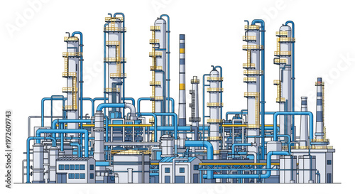 A complex industrial refinery plant features numerous blue pipelines and tall white processing towers under bright even lighting in a clean vector design.